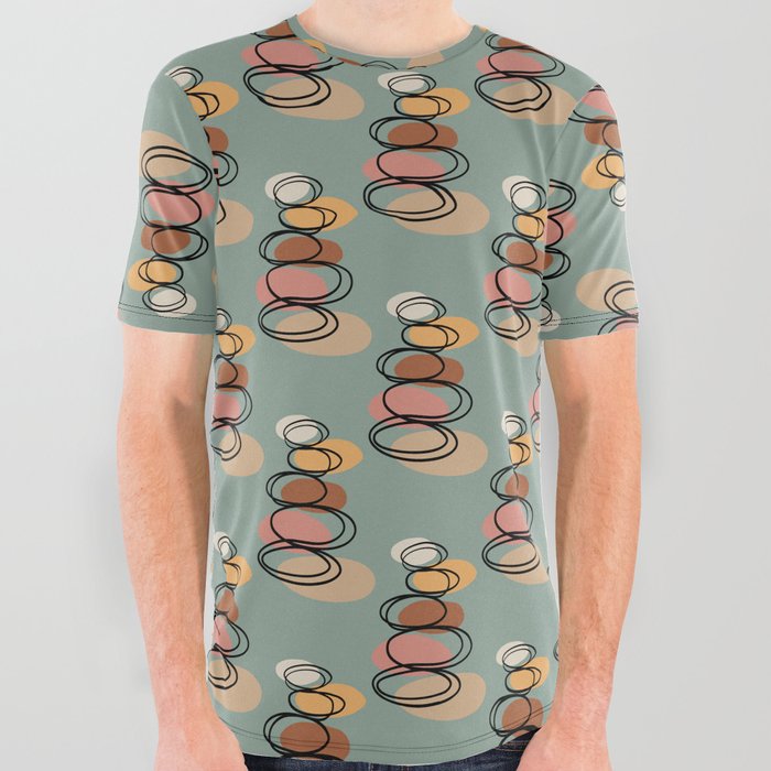 Modern minimalist balancing stones in earth tones illustration on calming green background All Over Graphic Tee