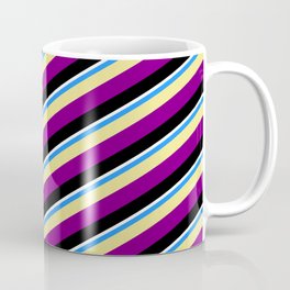 [ Thumbnail: Vibrant Blue, Tan, Purple, Black, and White Colored Pattern of Stripes Coffee Mug ]