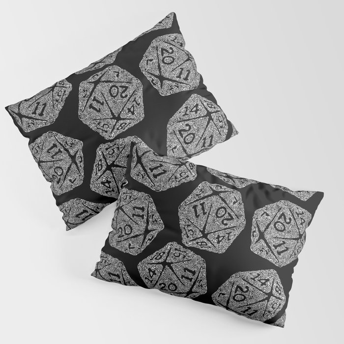 d20 - white on black - icosahedron doodle pattern Pillow Sham
