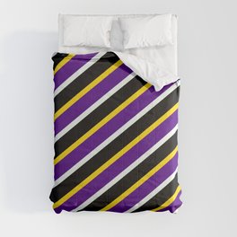 [ Thumbnail: Yellow, Indigo, Mint Cream & Black Colored Lines/Stripes Pattern Comforter ]