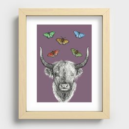Heather the Highland Cow, Butterflies, pen and ink illustrations, purple Recessed Framed Print