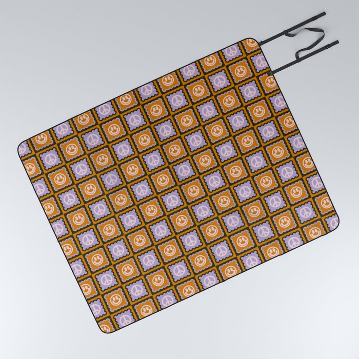Funky Checkered Smileys and Peace Symbol Pattern (Dark Brown, Ginger Brown, Lilac, Muted Pink) Picnic Blanket
