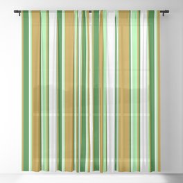 [ Thumbnail: Dark Goldenrod, Green, White & Dark Green Colored Striped Pattern Sheer Curtain ]