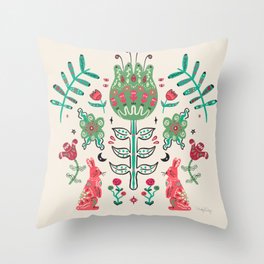 Florarl Folk Art with Rabbit Throw Pillow