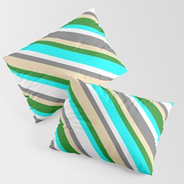 [ Thumbnail: Colorful Grey, Tan, Forest Green, Aqua & White Colored Pattern of Stripes Pillow Sham ]