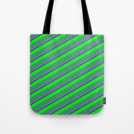 [ Thumbnail: Purple & Lime Colored Pattern of Stripes Tote Bag ]