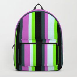 [ Thumbnail: Dark Slate Gray, Orchid, Light Cyan, Chartreuse & Black Colored Lines/Stripes Pattern Backpack ]