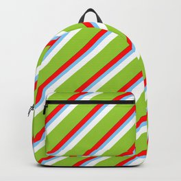 [ Thumbnail: Colorful Red, Light Sky Blue, White, Green, and Dark Green Colored Stripes Pattern Backpack ]