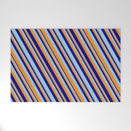 [ Thumbnail: Dark Orange, Dark Blue & Light Sky Blue Colored Lines/Stripes Pattern Welcome Mat ]