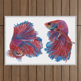 Ocean Theme- Red Blue Betta fish Watercolor Painting Outdoor Rug
