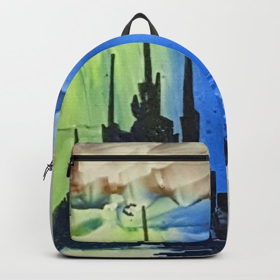 Blue alien cityscape Backpack