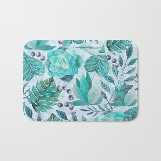 Green greenery watercolor tropical leaf pattern Bath Mat