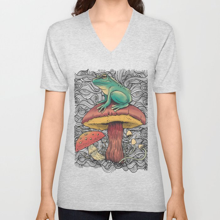 Cottagecore frog with mushroom design V Neck T Shirt
