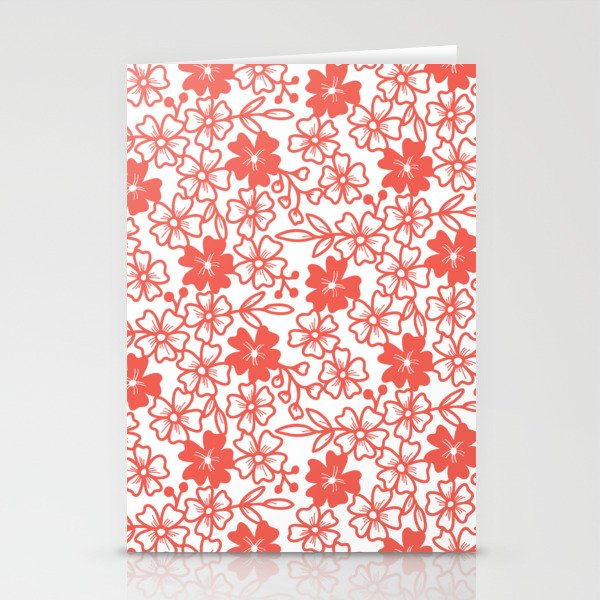 Sakura flower silhouettes in coral red and white Stationery Cards