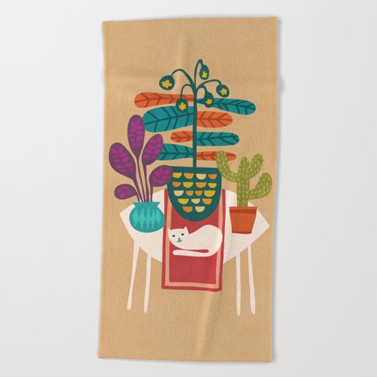 Indoor garden with cat Beach Towel