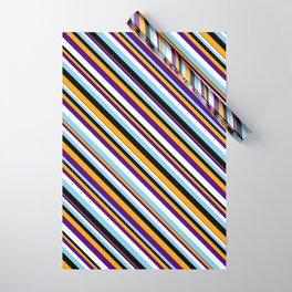 [ Thumbnail: Eye-catching Orange, Indigo, Mint Cream, Sky Blue, and Black Colored Stripes Pattern Wrapping Paper ]