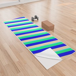 [ Thumbnail: Cyan, Green, Blue & Beige Colored Lined Pattern Yoga Towel ]