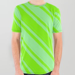 [ Thumbnail: Chartreuse and Green Colored Lines/Stripes Pattern All Over Graphic Tee ]