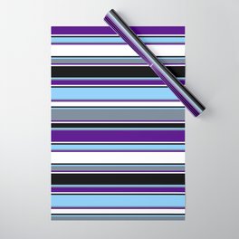 [ Thumbnail: Light Sky Blue, Slate Gray, Indigo, White, and Black Colored Lines/Stripes Pattern Wrapping Paper ]
