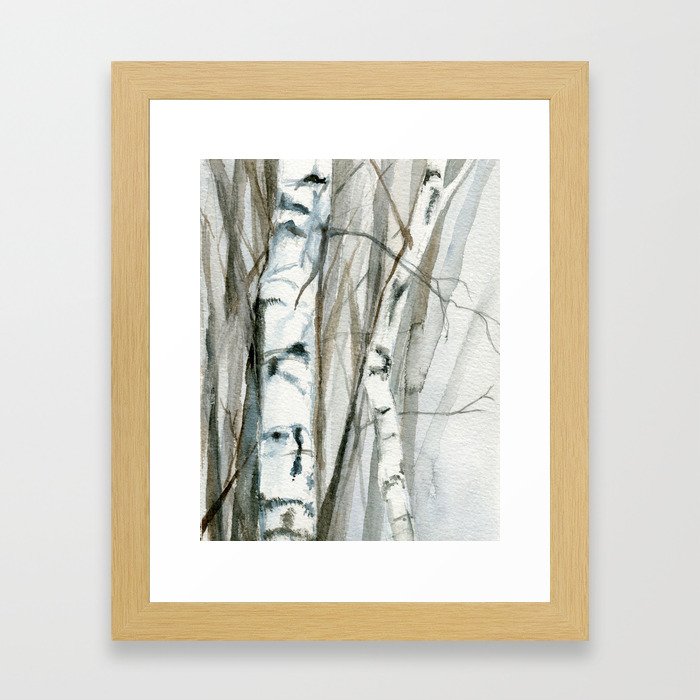 Winter Birch Trees Woodland Watercolor Original Art Print Framed Art Print