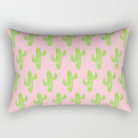 Linocut Cacti Minty Pinky Rectangular Pillow