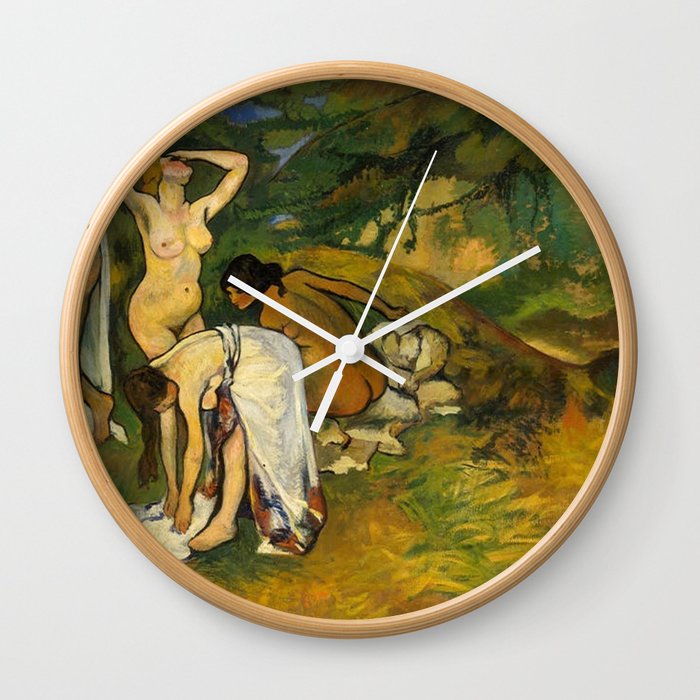 Friends of the secret summer swimming hole, male and female nude French countryside portrait painting by Suzanne Valadon Wall Clock