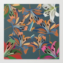 Lily - Colorful Floral Bouquet Art Pattern on Dark Blue Canvas Print