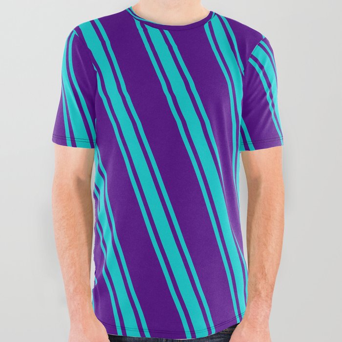 Indigo and Dark Turquoise Colored Striped/Lined Pattern All Over Graphic Tee