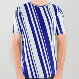 [ Thumbnail: Dark Blue and Mint Cream Colored Striped Pattern All Over Graphic Tee ]