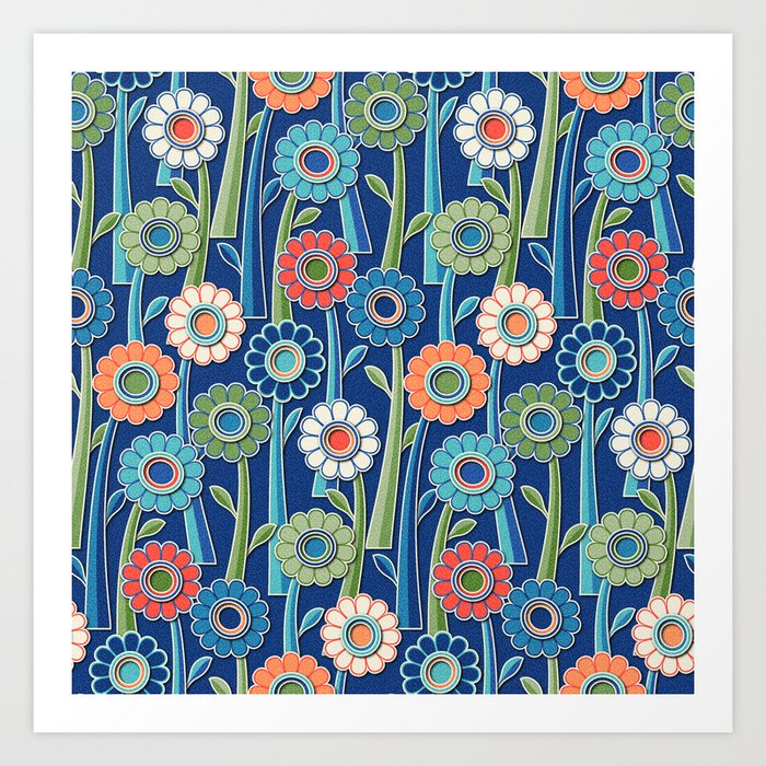 Coral and Blue Gerber Daisy Paper Cut Flowers Art Print