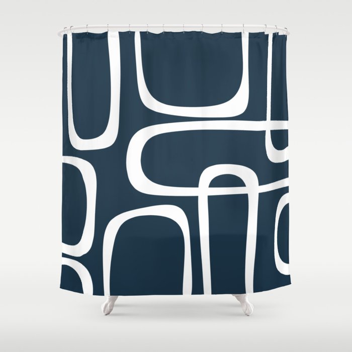 Midcentury Modern Retro Loops in White and Navy Blue Shower Curtain