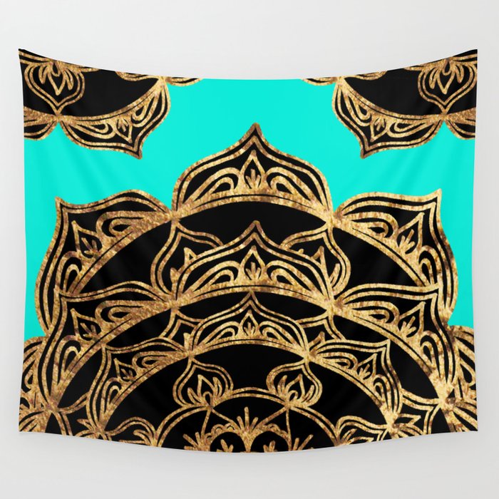 Golden Lace on Turquoise Wall Tapestry