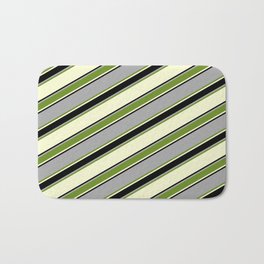 [ Thumbnail: Dark Grey, Green, Light Yellow, and Black Colored Lined Pattern Bath Mat ]