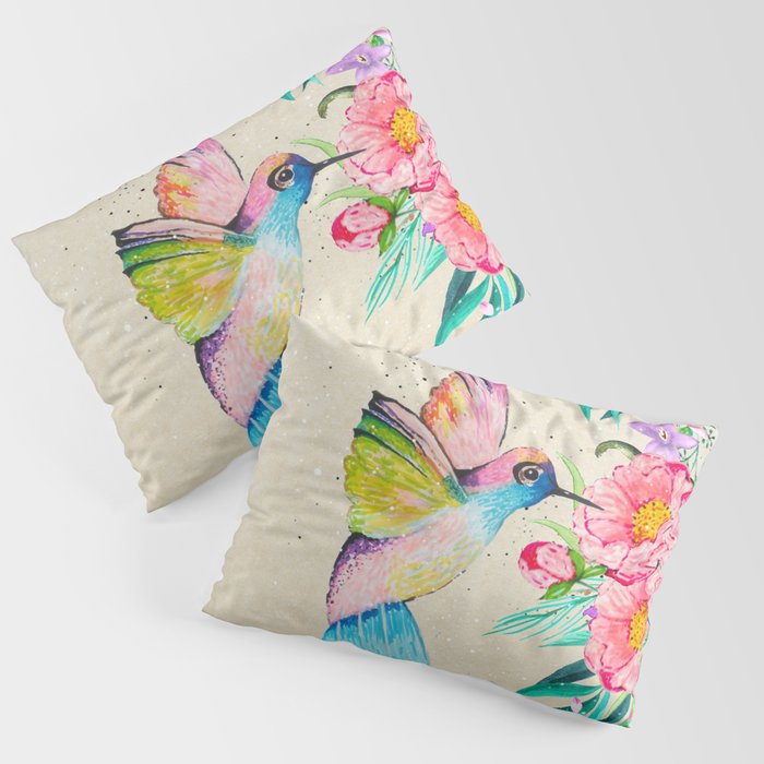 Whimsical watercolor hummingbird and  floral hand paint Pillow Sham