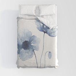 Blue Watercolor Poppies Duvet Cover