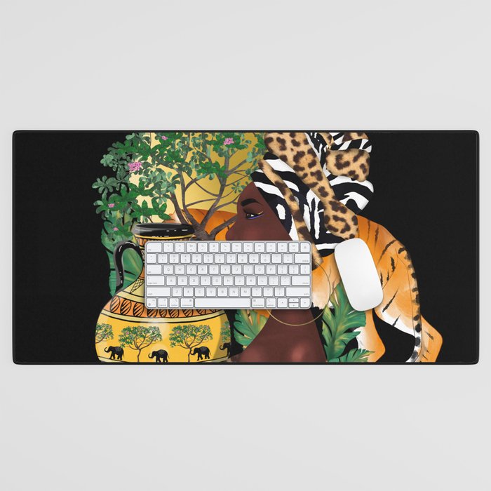 African woman,tiger,black  background . Desk Mat