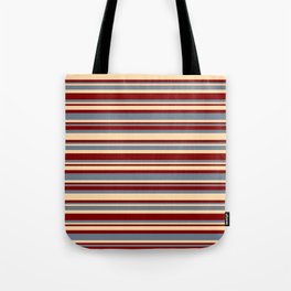 [ Thumbnail: Slate Gray, Tan, and Maroon Colored Striped/Lined Pattern Tote Bag ]