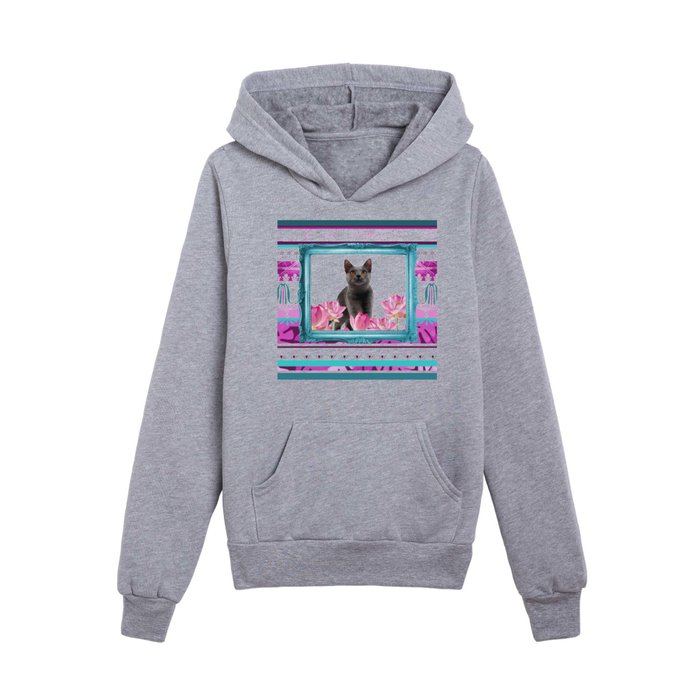 Turquoise Frame - grey Cat with Lotos Flowers Kids Pullover Hoodie