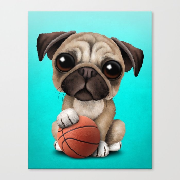 Cute Pug Puppy Dog Playing With Basketball Canvas Print By