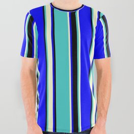 [ Thumbnail: Blue, Light Yellow, Turquoise, and Black Colored Striped/Lined Pattern All Over Graphic Tee ]
