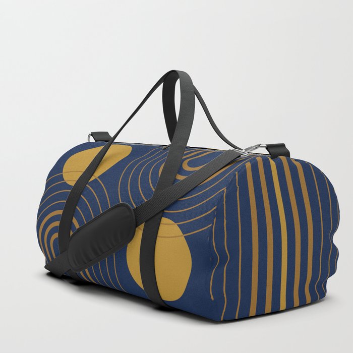 Mid Century Modern Geometric 146 in Midnight Blue Gold (Rainbow and Sun Abstraction) Duffle Bag