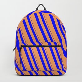 [ Thumbnail: Blue & Brown Colored Lined/Striped Pattern Backpack ]