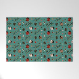 Ladybug and Floral Seamless Pattern on Green Blue Background Welcome Mat