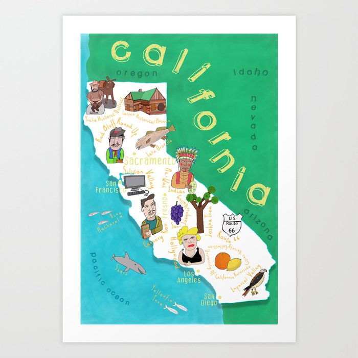 Illustrated, Colorful Map of California with State Icons By Artist Carla Daly Art Print