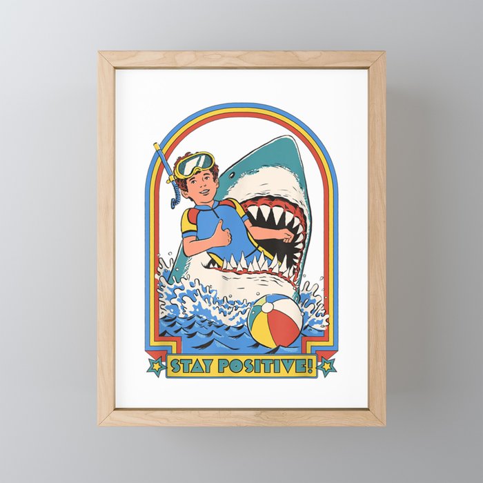 Stay Positive Shark Attack Vintage Retro Comedy Funny Framed Mini Art Print