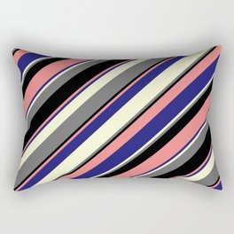 [ Thumbnail: Eye-catching Light Coral, Midnight Blue, Light Yellow, Dim Grey, and Black Colored Striped Pattern Rectangular Pillow ]