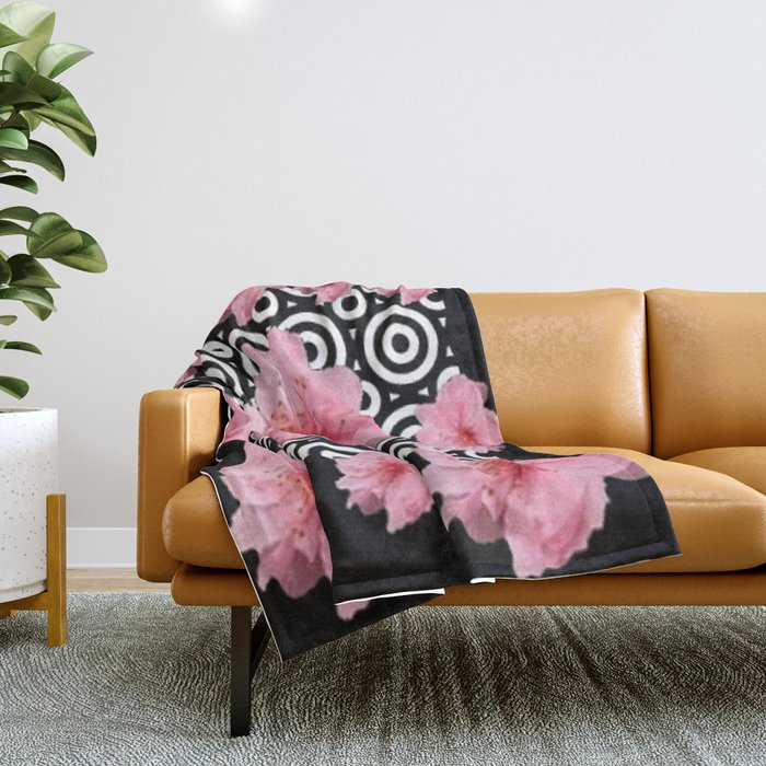 Black-Wite Contemporary Pink Cherry Blossoms Art Design. Throw Blanket