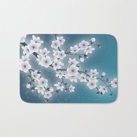 Cherry Blossoms Night Blue Bath Mat