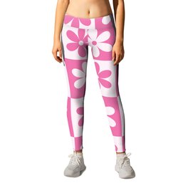Hot pink and white checkered cute retro flower pattern Leggings