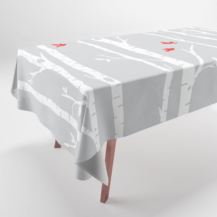 Birch tree forest with red birds on gray Tablecloth